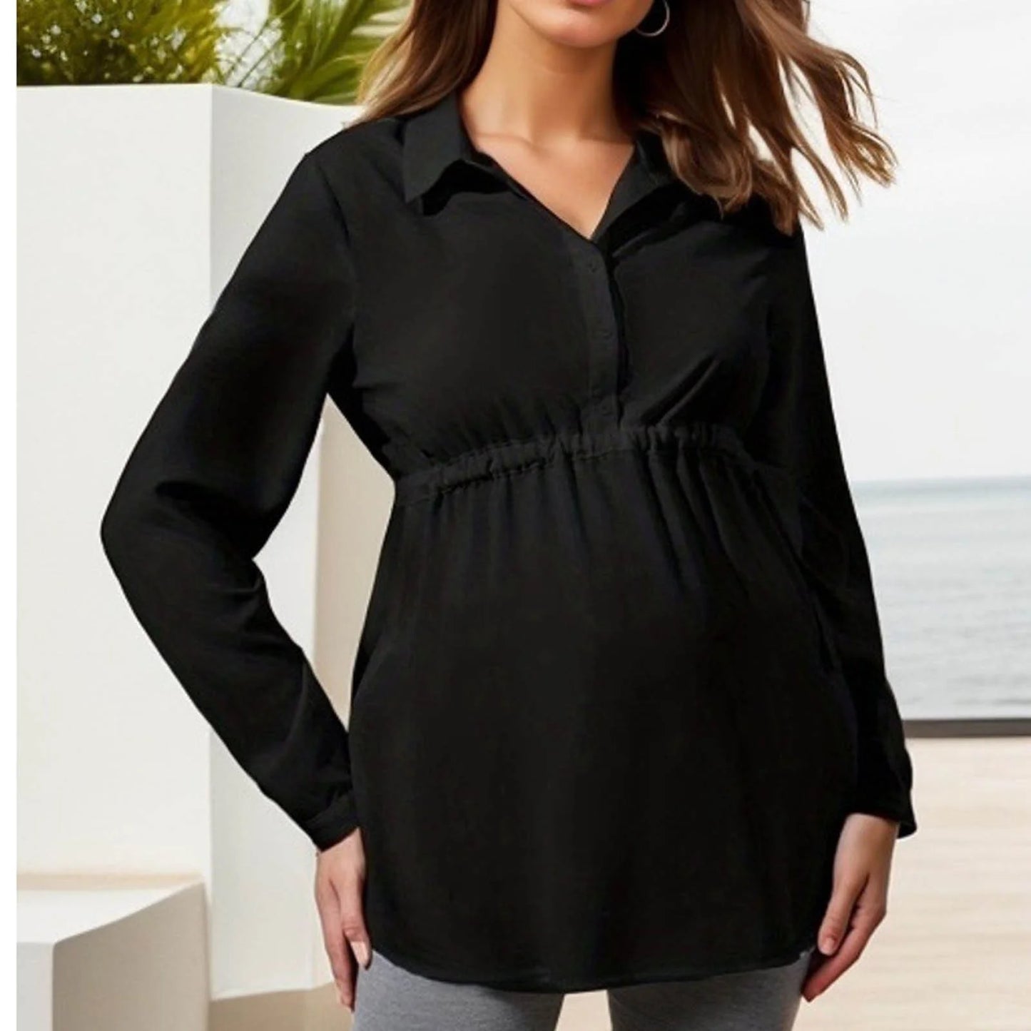 Winter Maternity Clothes,Long Sleeve Maternity Tops,Nursing Maternity Shirts,V-Neck Shirt Solid Color Women Clothing Pleated High Waisted Lace up Pregnant Shirt