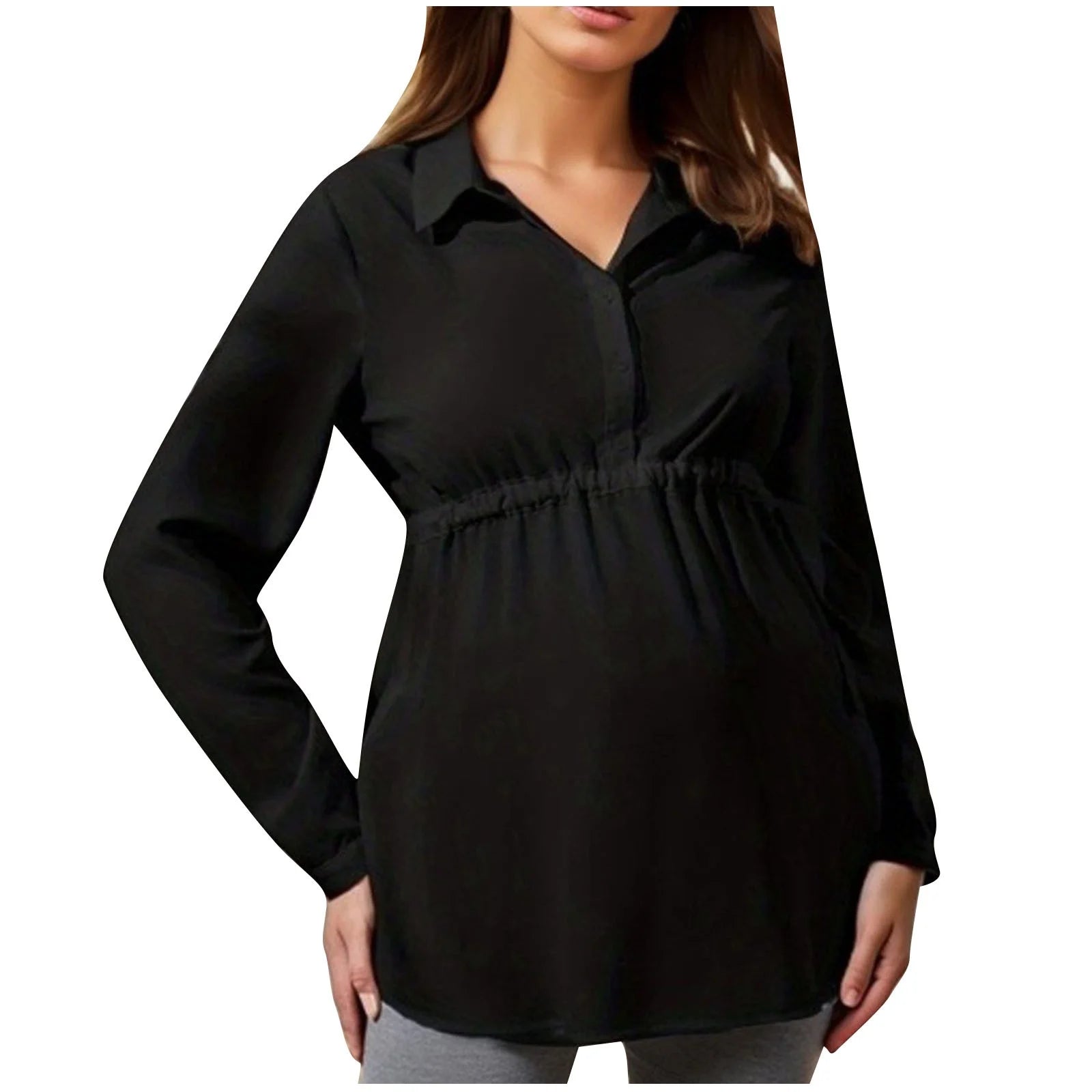 Winter Maternity Clothes,Long Sleeve Maternity Tops,Nursing Maternity Shirts,V-Neck Shirt Solid Color Women Clothing Pleated High Waisted Lace up Pregnant Shirt