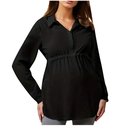 Winter Maternity Clothes,Long Sleeve Maternity Tops,Nursing Maternity Shirts,V-Neck Shirt Solid Color Women Clothing Pleated High Waisted Lace up Pregnant Shirt