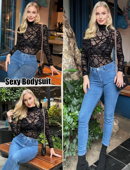 Long Sleeve Bodysuit for Women Mesh Bodysuit Turtleneck Sheer Tops Geo Print Leotards S-XXL